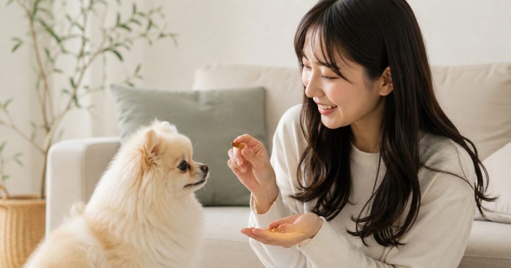 飼い主と愛犬が高級犬用おやつ時間を楽しんでいる様子