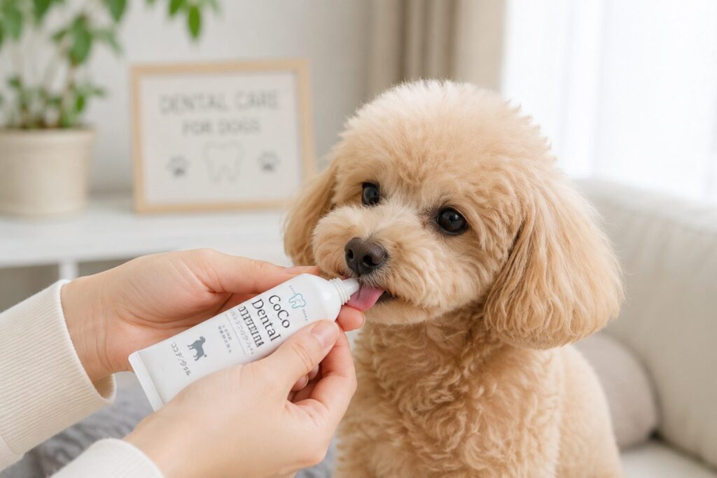犬が歯磨きジェルを舐めている様子