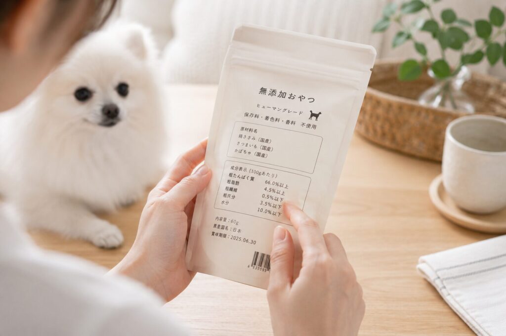 無添加系の犬用おやつを選んでいる飼い主