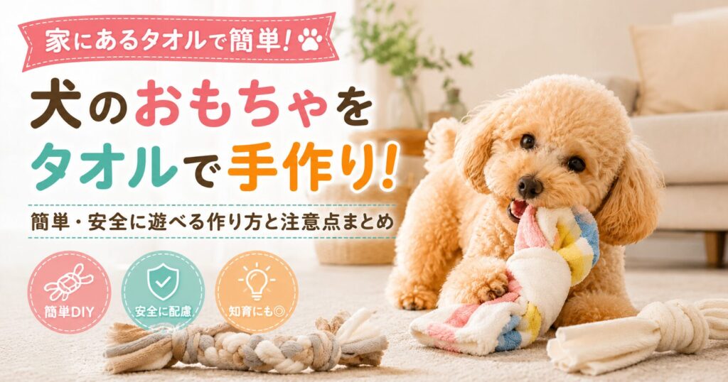 タオルのおもちゃを噛んで遊ぶ小型犬