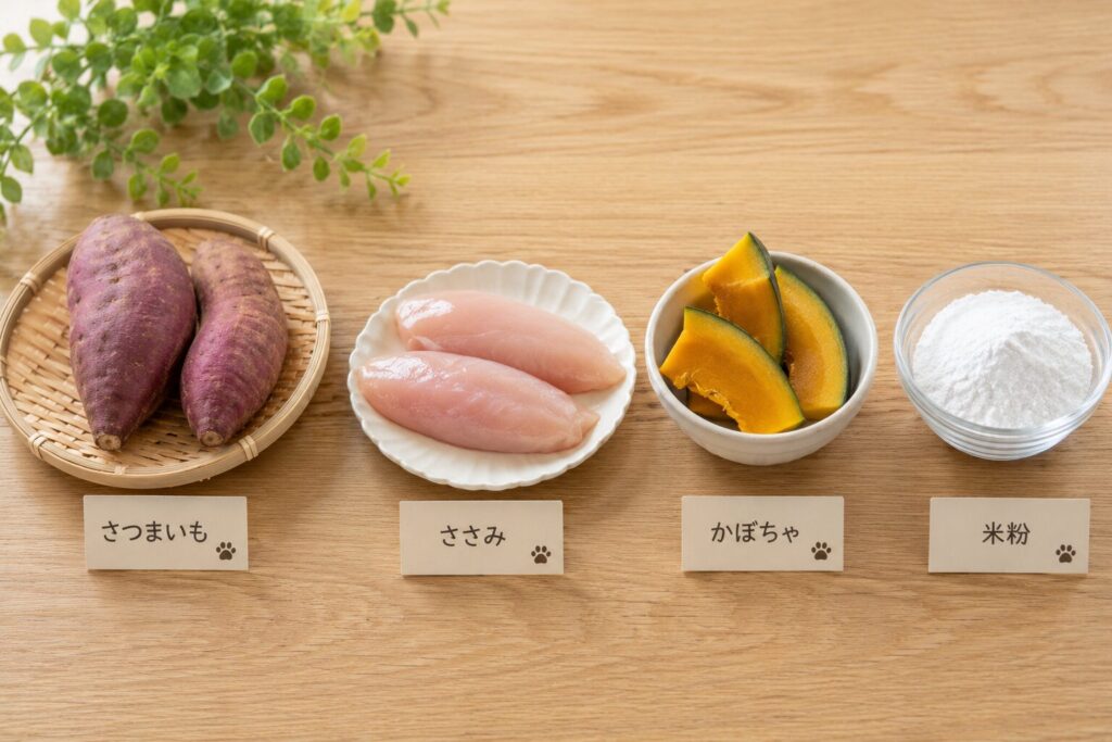 さつまいも・ささみ・かぼちゃ・米粉を並べた犬用おやつ食材