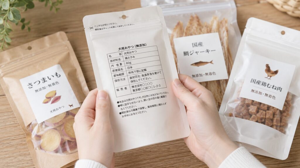 犬用おやつの原材料表示を確認している手元