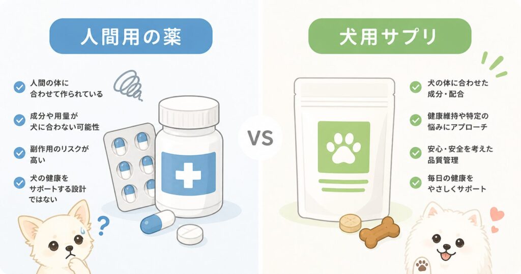犬用ビオフェルミンと人間用ビオフェルミンの違いを比較したイラスト