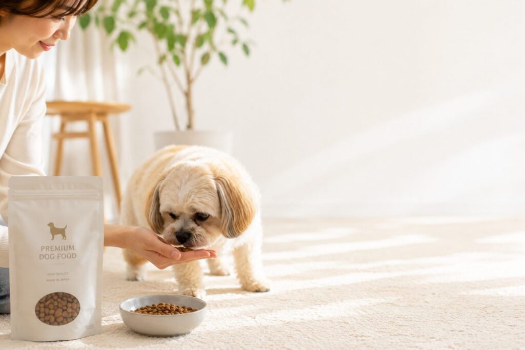 シニア犬が飼い主の手からドッグフードを食べている様子