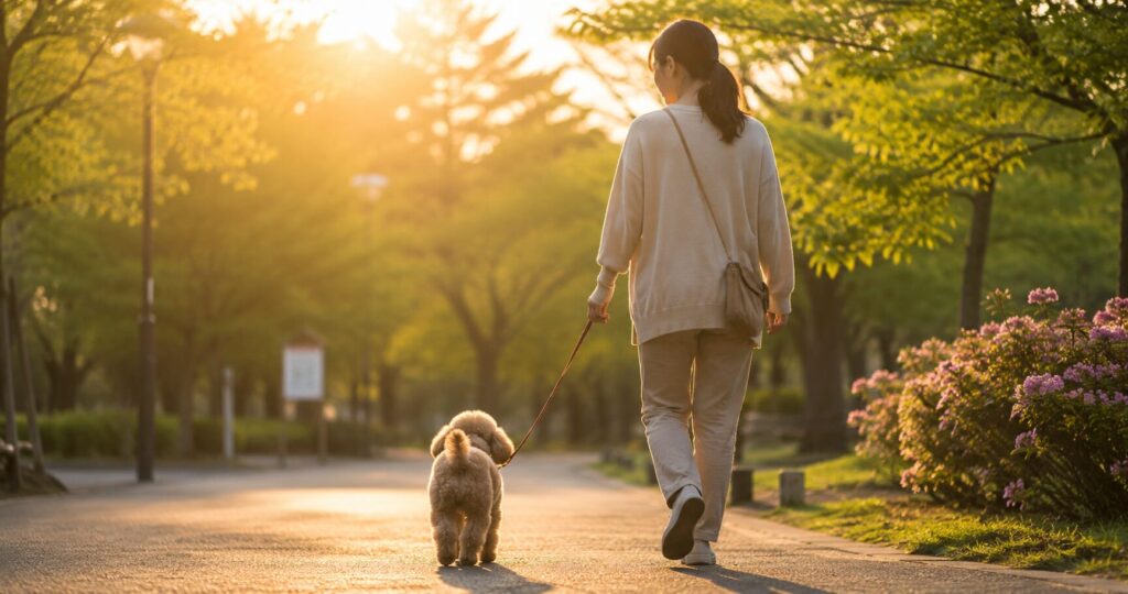 元気に散歩を楽しむシニア犬と飼い主