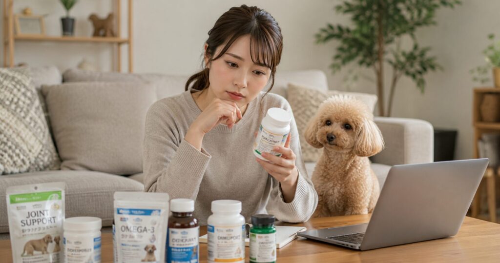 犬用サプリを見ながら悩む飼い主と犬