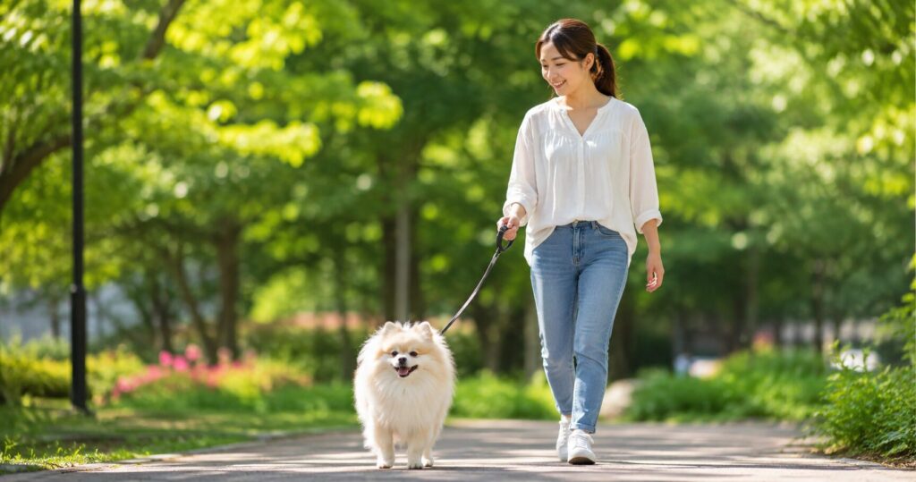 飼い主と一緒に元気よく散歩するシニア犬