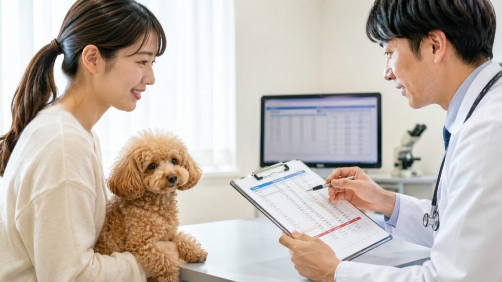犬の健康診断結果を確認する獣医師と飼い主