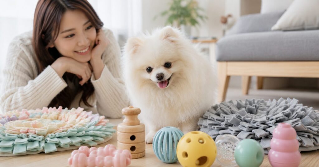 ノーズワークマットや知育玩具を見つめる犬