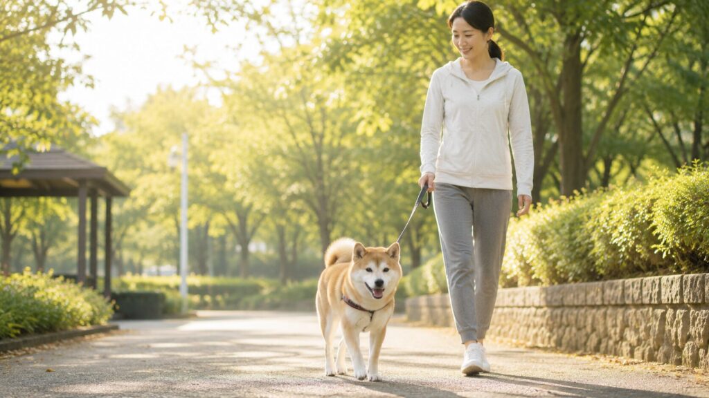 公園を元気に散歩するシニア犬と飼い主