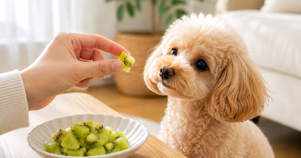 小さく切ったキウイを食べる犬