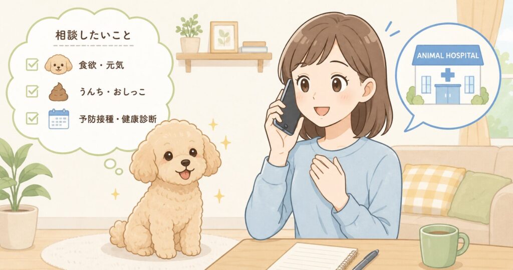 元気な犬のそばで動物病院へ電話する飼い主