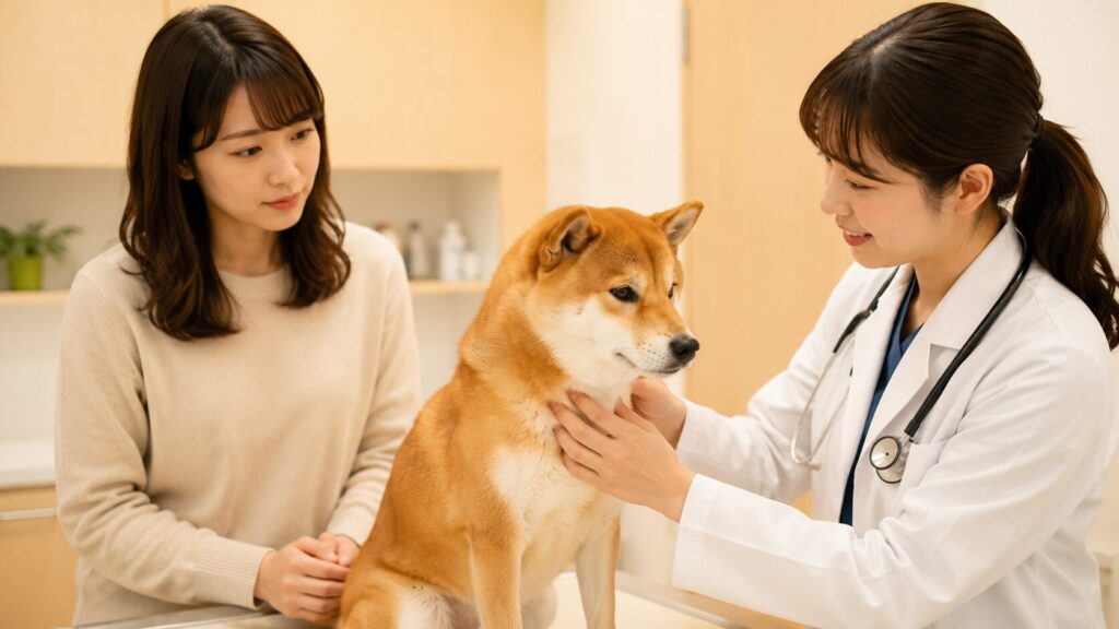 動物病院へ電話をかける飼い主と柴犬