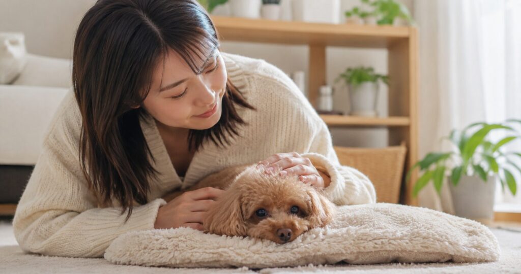 飼い主が犬を落ち着かせながら様子を見ている様子