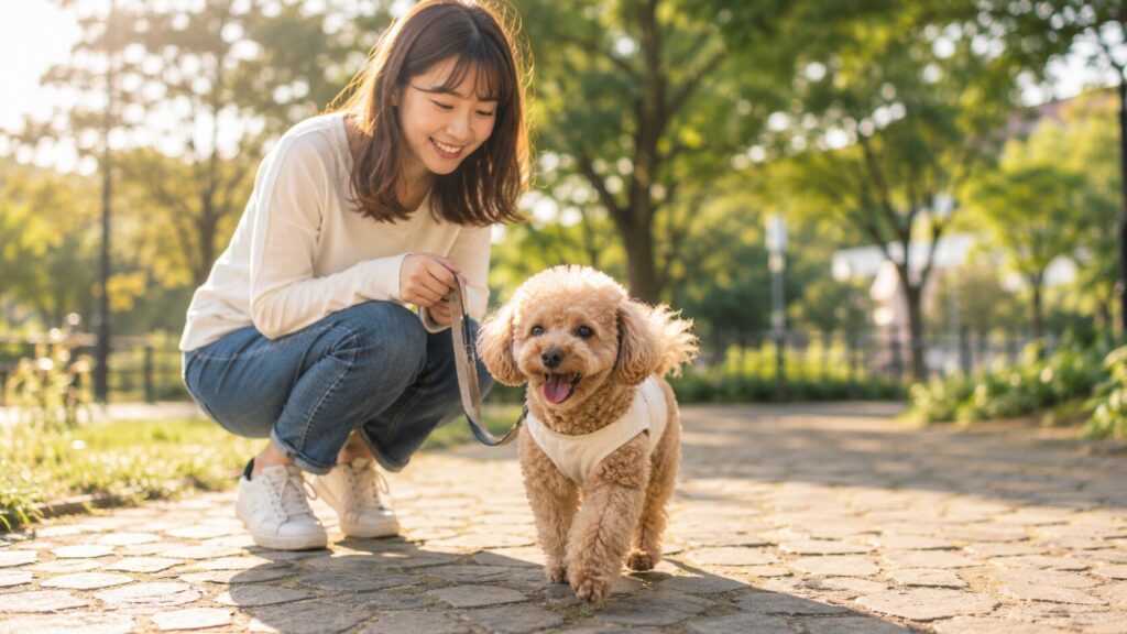 飼い主と散歩するシニア犬の様子