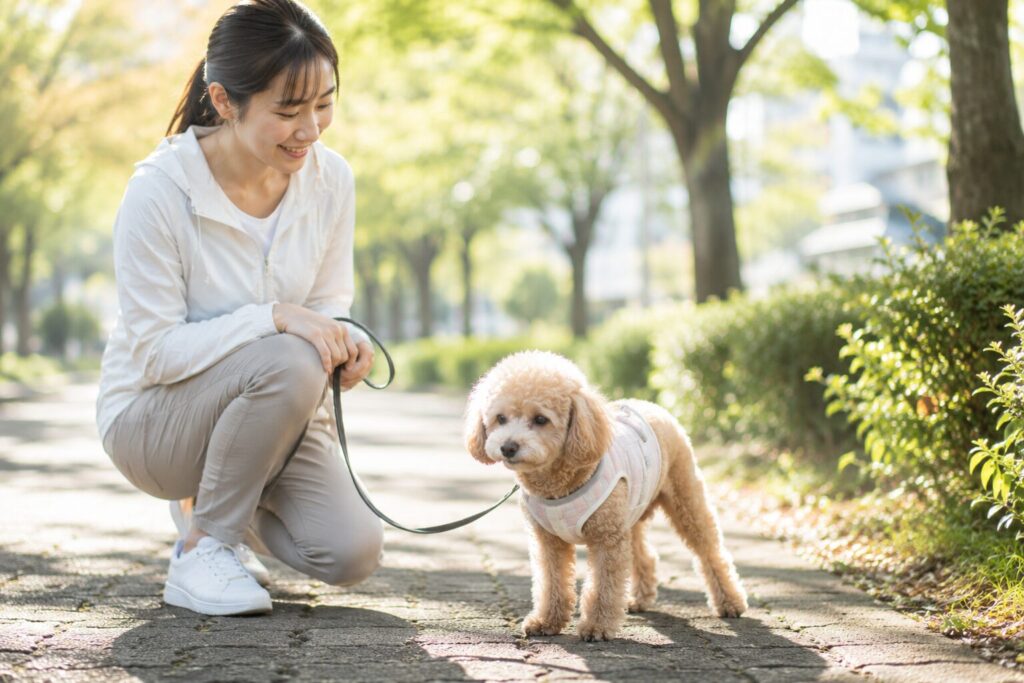 散歩中に立ち止まるシニア犬を見守る飼い主