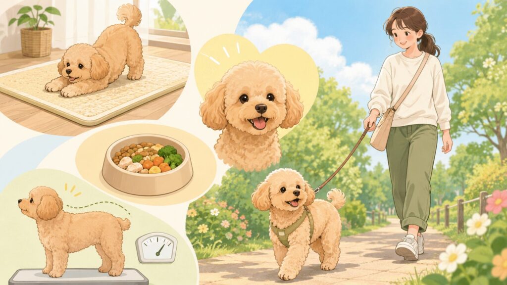 散歩や体重管理など毎日の関節ケアを行うシニア犬のイメージ