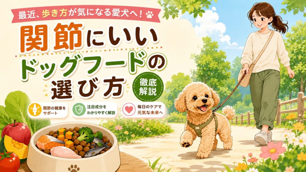 関節ケアを意識したドッグフードと元気に歩くシニア犬のイメージ
