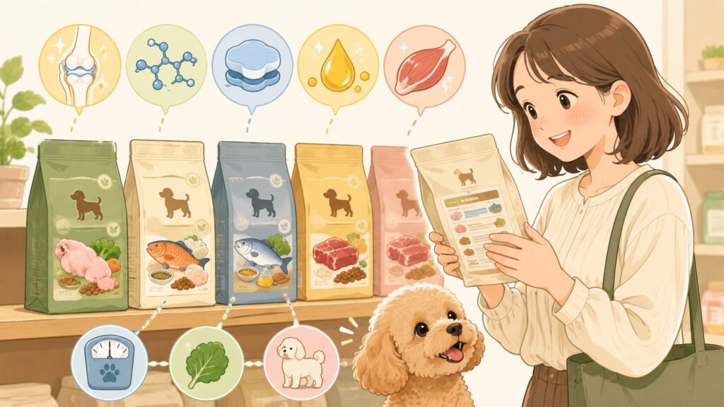 関節ケア用ドッグフードの成分や選び方を比較しているイメージ