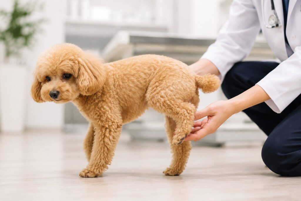 後ろ足に違和感がある様子の小型犬