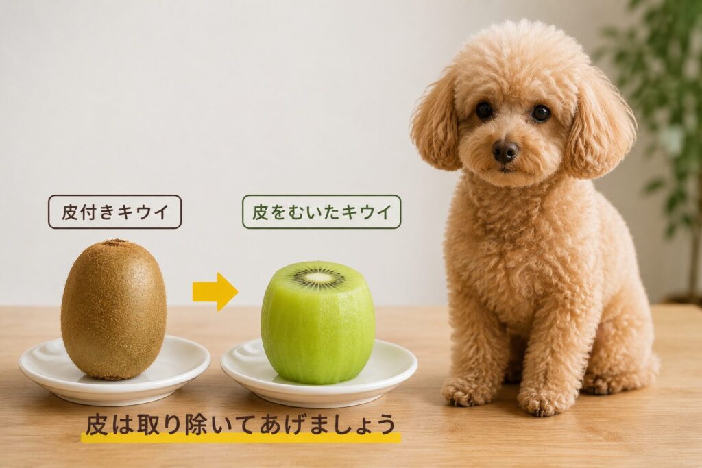 皮付きキウイと皮をむいたキウイを比較している画像