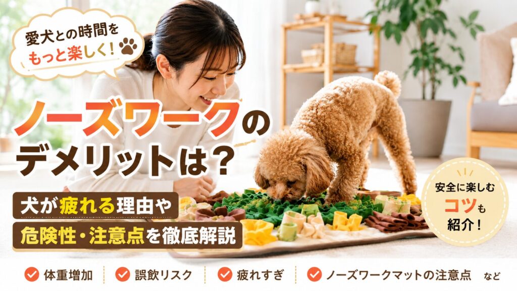 ノーズワークマットでおやつを探す犬を飼い主が見守っている様子