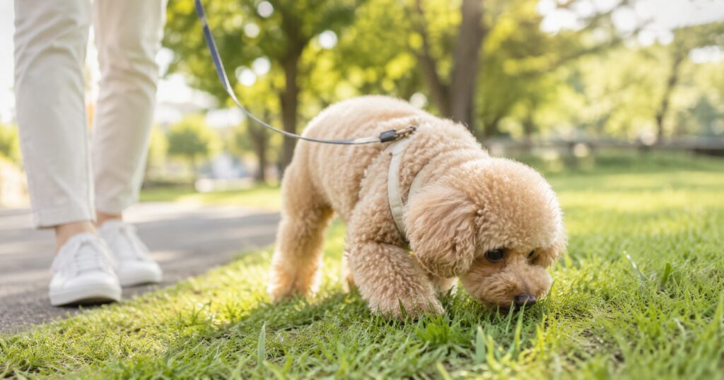 散歩中に地面のにおいを嗅いでいる犬