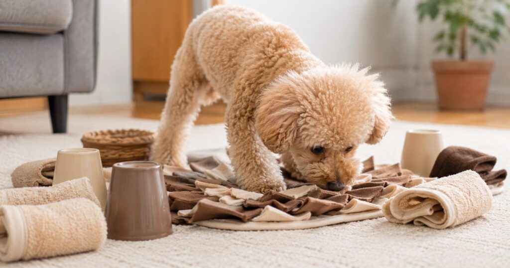 紙コップやノーズワークマットで遊ぶ犬