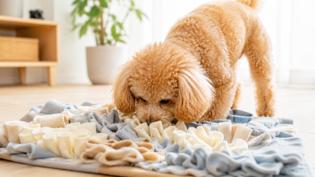 ノーズワークマットでおやつを探している犬