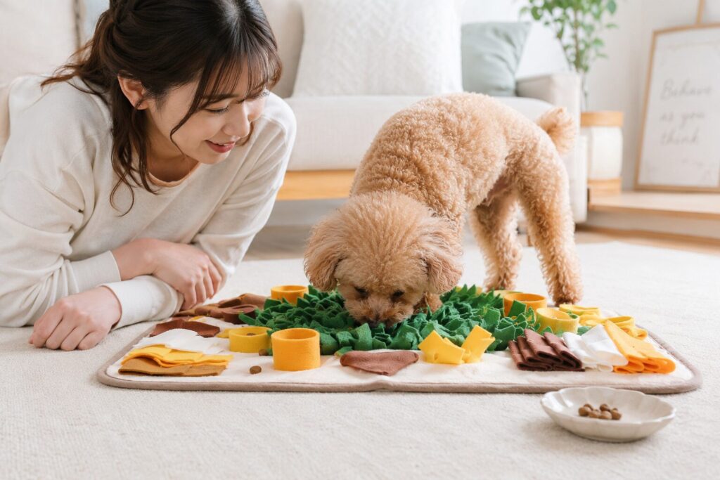 少量のおやつとノーズワークマットを前に飼い主が犬を見守っている様子