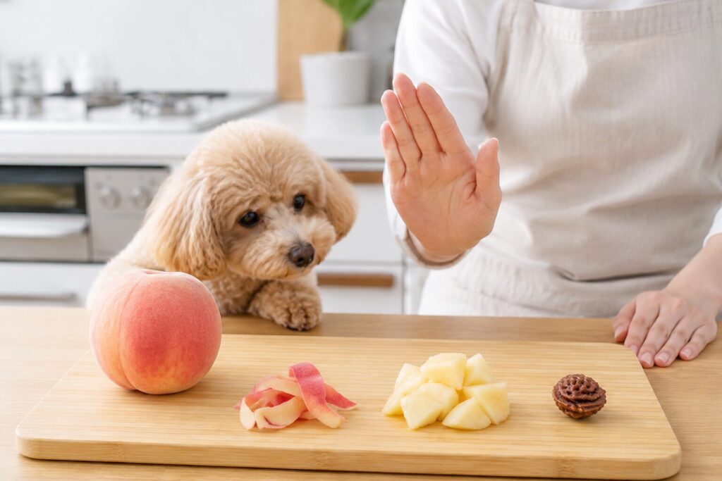 桃の果肉・皮・種を分け、犬に安全な与え方を説明するイメージ