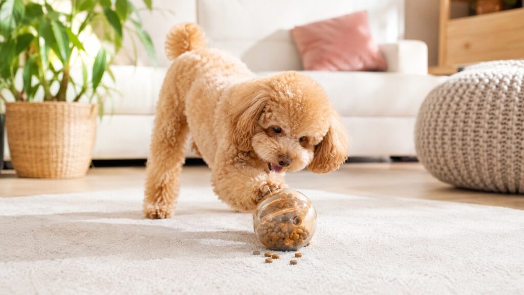 フード入りのおやつボールを転がして遊ぶ犬