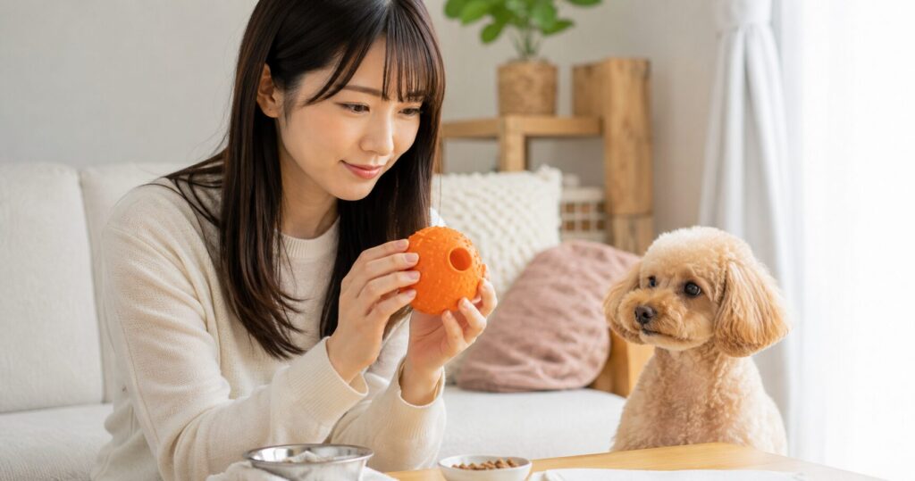 飼い主がおやつボールの破損を確認している様子