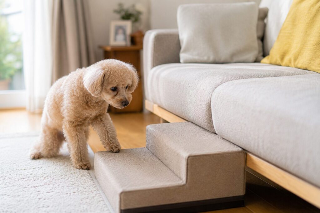 ソファの前でためらうシニア犬