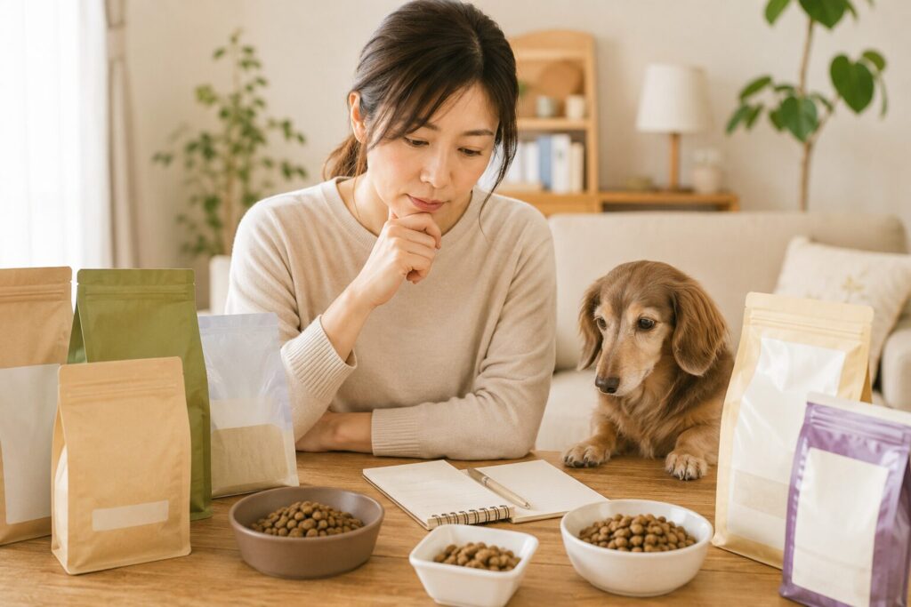 ドッグフード選びについて考える飼い主とシニア犬