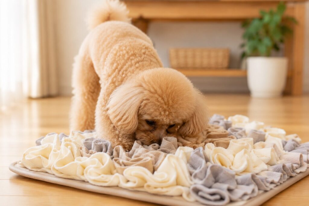 ノーズワークマットの中からおやつを探している犬