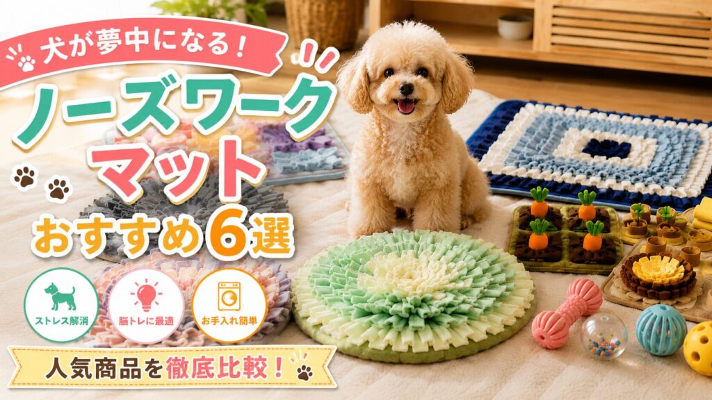 複数のノーズワークマットと知育玩具を前に座る犬