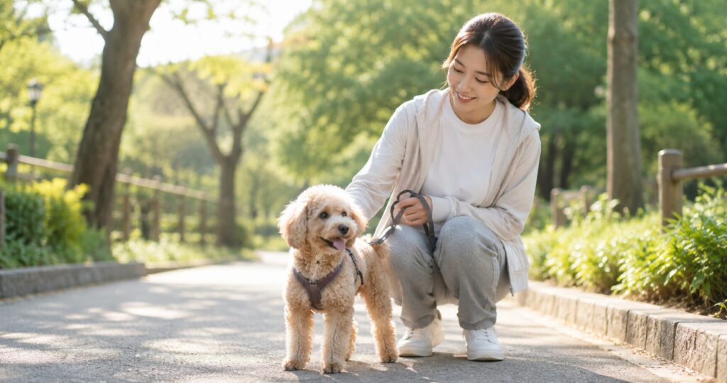 シニア犬と飼い主が公園を散歩している様子