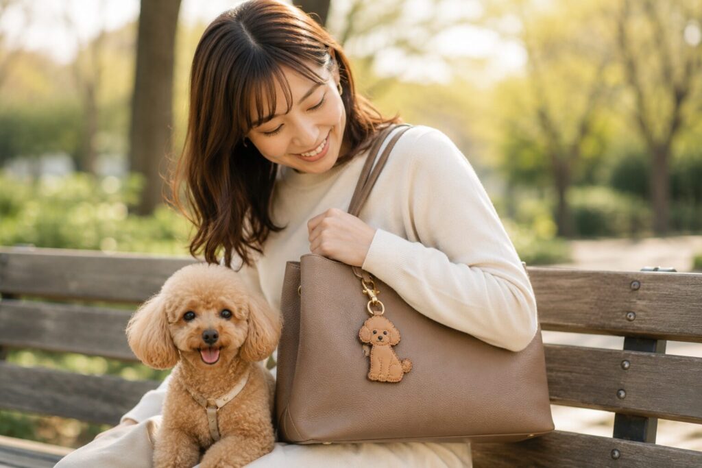 お散歩バッグにトイプードルの革キーホルダーを付けた飼い主と愛犬