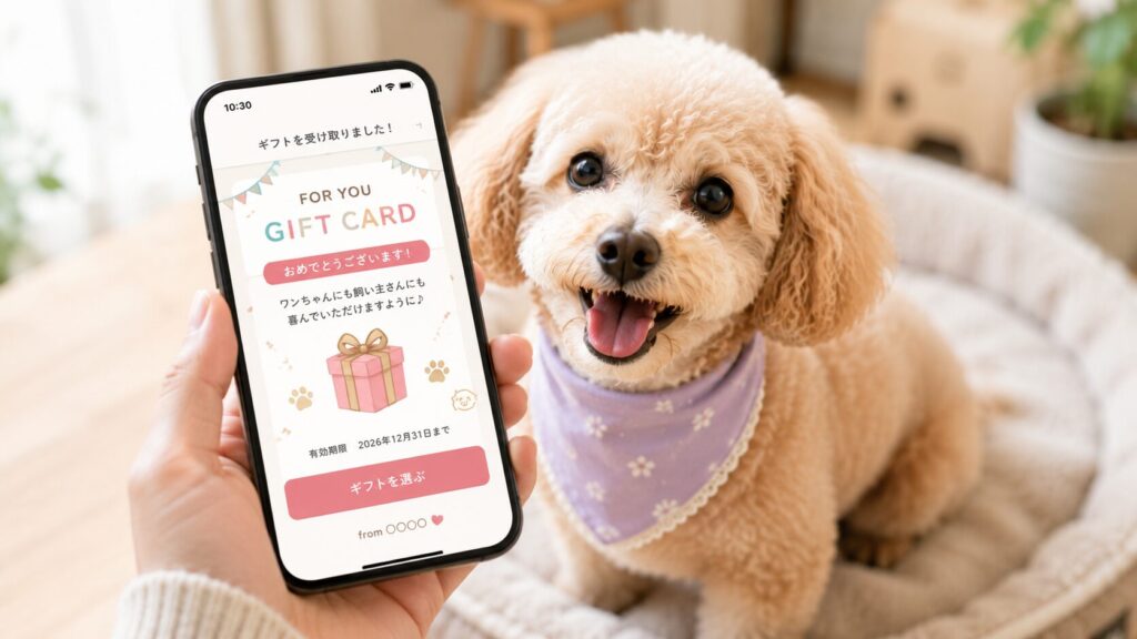 スマートフォンでLINEギフトを送り愛犬と飼い主がプレゼントを受け取るイメージ画像