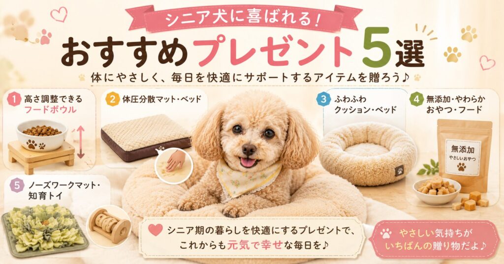 高さ調整フードボウルや介護マットなどシニア犬向けプレゼントを紹介する画像