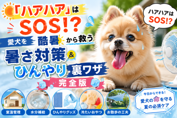 暑さでハアハアしている犬と扇風機、夏の暑さ対策やひんやりグッズを紹介するイラスト