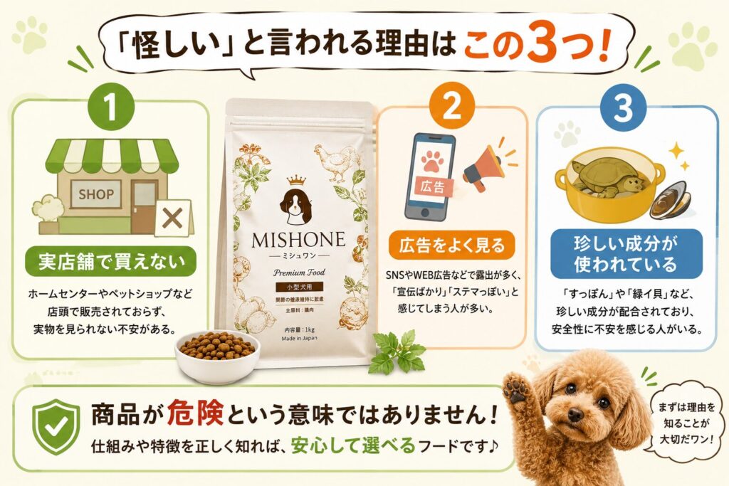 ミシュワンが怪しいと言われる3つの理由をまとめた図解。実店舗で買えない、広告をよく見る、珍しい成分が使われているという3つの理由と、商品は危険ではないことを説明した画像。